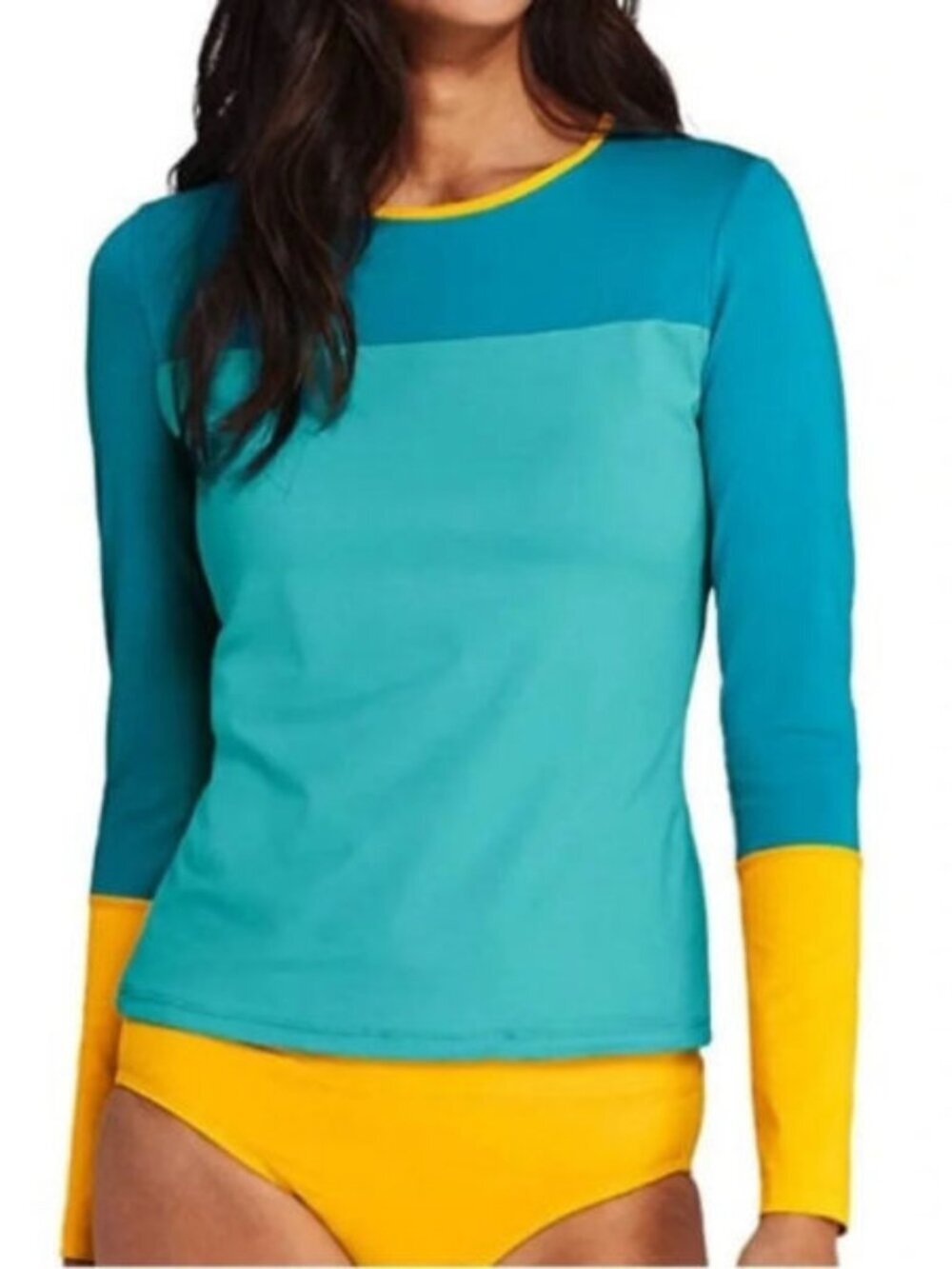 Lands End Swim Top Size L P Colorblock Rash Guard UPF 50 Long Sleeves Modest EUC